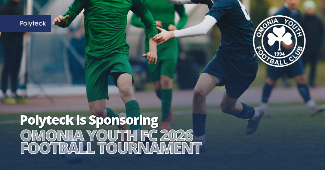 Polyteck sponsors the Omonia Youth FC 2026 Football Tournament, featuring football players competing on a pitch.